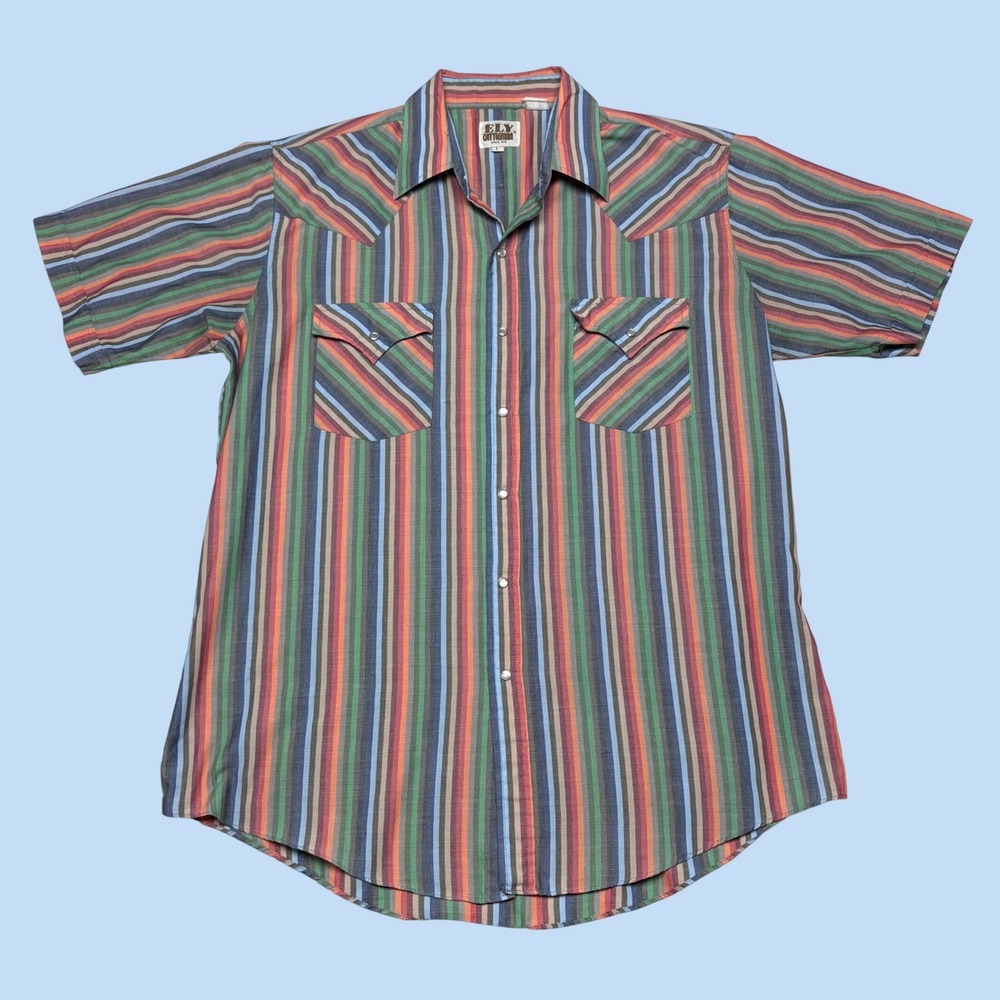 Ely Cattleman Mens Large Multi Color Striped Short Sleeve Western Pearl Snap